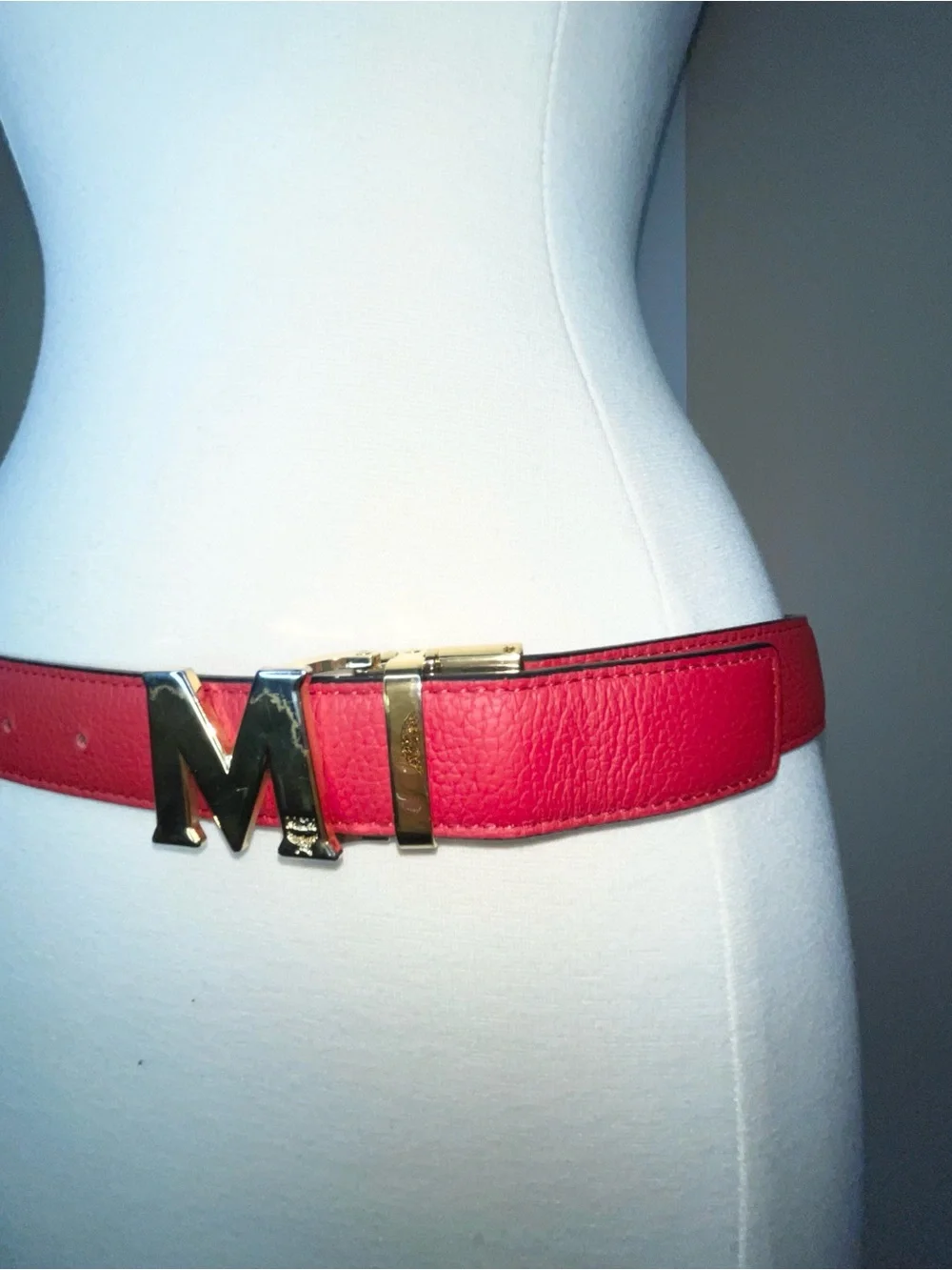 MCM reversible Cognac Monogram & red Leather Belt with Gold M Buckle